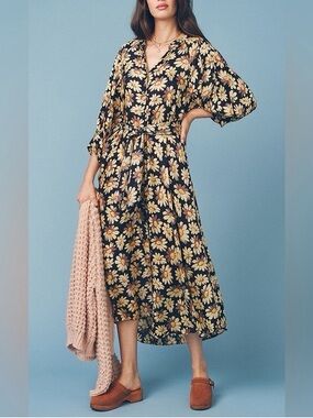 THE GREAT. Black Daisy-Print Midi Dress with Tie Waist